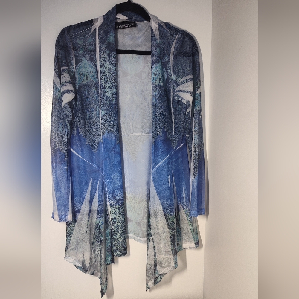 The Pyramid Collection Blue Sheer Printed Open Cardigan #6